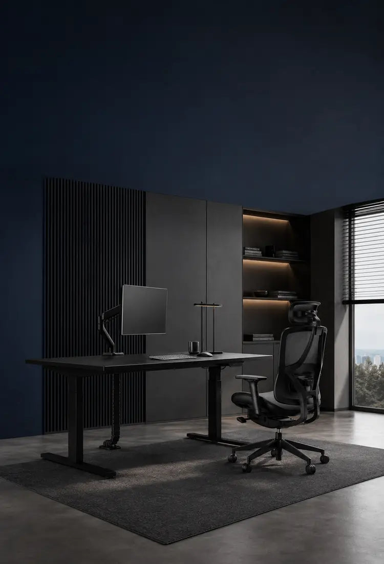 Furnitech height-adjustable desk and black ergonomic chair in a modern home office