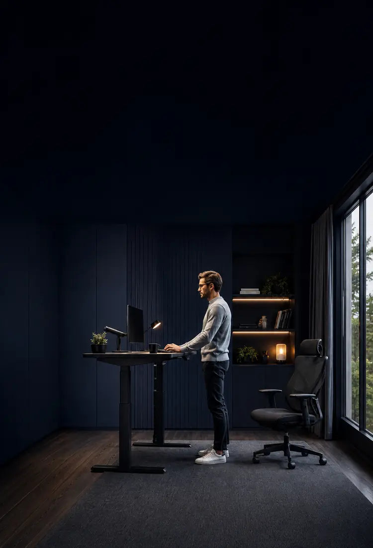Professional using a Furnitech height-adjustable standing desk beside an ergonomic office chair
